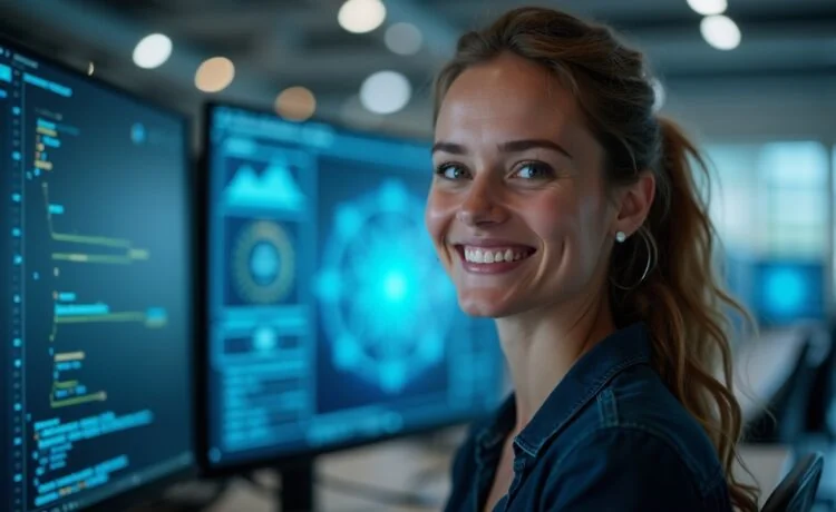 In einem modernen, hell erleuchteten Büro strahlt eine junge, konzentrierte IT-Sicherheitsfachfrau mit freundlichem Lächeln dem Betrachter entgegen, während im Hintergrund dezent Bildschirme mit komplexen Daten und digitalen Netzwerken sichtbar sind – ein inspirierendes Sinnbild für die smarte Verteidigung gegen KI-gestützte Phishing-Angriffe.