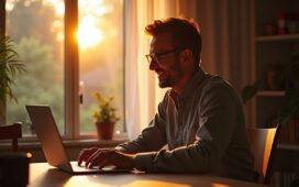 Eine helle, atmosphärisch warm ausgeleuchtete Szene mit einem lächelnden, entspannten Menschen mittleren Alters, der in einem modernen, freundlichen Wohn- oder Arbeitszimmer am Laptop sitzt und aufmerksam eine E-Mail überprüft, während natürliche Sonnenstrahlen sanft durch ein großes Fenster fallen und eine behagliche, vertrauensvolle Stimmung erzeugen.