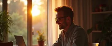Eine helle, atmosphärisch warm ausgeleuchtete Szene mit einem lächelnden, entspannten Menschen mittleren Alters, der in einem modernen, freundlichen Wohn- oder Arbeitszimmer am Laptop sitzt und aufmerksam eine E-Mail überprüft, während natürliche Sonnenstrahlen sanft durch ein großes Fenster fallen und eine behagliche, vertrauensvolle Stimmung erzeugen.