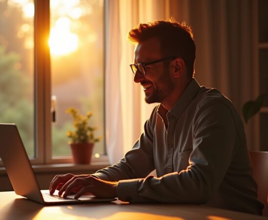 Eine helle, atmosphärisch warm ausgeleuchtete Szene mit einem lächelnden, entspannten Menschen mittleren Alters, der in einem modernen, freundlichen Wohn- oder Arbeitszimmer am Laptop sitzt und aufmerksam eine E-Mail überprüft, während natürliche Sonnenstrahlen sanft durch ein großes Fenster fallen und eine behagliche, vertrauensvolle Stimmung erzeugen.