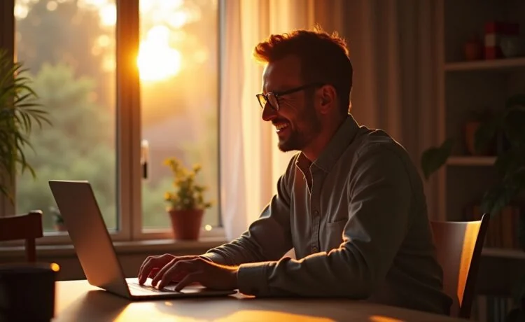 Eine helle, atmosphärisch warm ausgeleuchtete Szene mit einem lächelnden, entspannten Menschen mittleren Alters, der in einem modernen, freundlichen Wohn- oder Arbeitszimmer am Laptop sitzt und aufmerksam eine E-Mail überprüft, während natürliche Sonnenstrahlen sanft durch ein großes Fenster fallen und eine behagliche, vertrauensvolle Stimmung erzeugen.