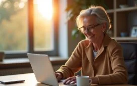 Ein warm beleuchtetes, freundliches Büroambiente mit einer älteren Frau, die mit einem entspannten Lächeln sorgsam auf ihren Laptop schaut, während im Hintergrund dezentes Sonnenlicht durch ein Fenster fällt und ein moderner Schreibtisch mit einer Tasse Kaffee sowie einem Smartphone mit geöffneter Banking-App eine vertrauensvolle und achtsame Stimmung vermittelt.