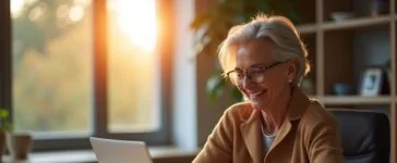 Ein warm beleuchtetes, freundliches Büroambiente mit einer älteren Frau, die mit einem entspannten Lächeln sorgsam auf ihren Laptop schaut, während im Hintergrund dezentes Sonnenlicht durch ein Fenster fällt und ein moderner Schreibtisch mit einer Tasse Kaffee sowie einem Smartphone mit geöffneter Banking-App eine vertrauensvolle und achtsame Stimmung vermittelt.