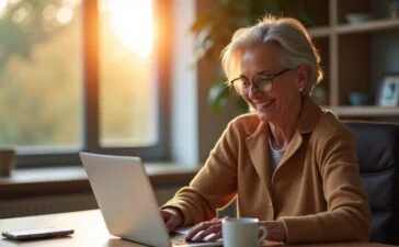Ein warm beleuchtetes, freundliches Büroambiente mit einer älteren Frau, die mit einem entspannten Lächeln sorgsam auf ihren Laptop schaut, während im Hintergrund dezentes Sonnenlicht durch ein Fenster fällt und ein moderner Schreibtisch mit einer Tasse Kaffee sowie einem Smartphone mit geöffneter Banking-App eine vertrauensvolle und achtsame Stimmung vermittelt.