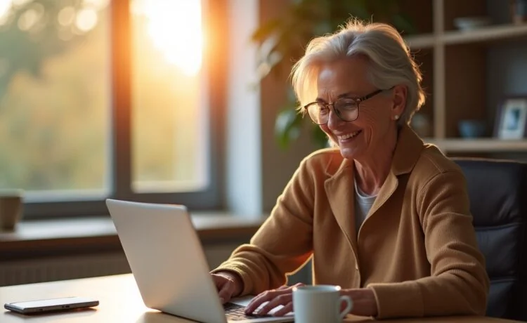 Ein warm beleuchtetes, freundliches Büroambiente mit einer älteren Frau, die mit einem entspannten Lächeln sorgsam auf ihren Laptop schaut, während im Hintergrund dezentes Sonnenlicht durch ein Fenster fällt und ein moderner Schreibtisch mit einer Tasse Kaffee sowie einem Smartphone mit geöffneter Banking-App eine vertrauensvolle und achtsame Stimmung vermittelt.