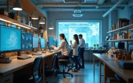 Ein sonnendurchflutetes modernes Labor mit Forscherinnen und Forschern, die konzentriert an hochauflösenden Bildschirmen komplexe Lichtsimulationen in Quantenphotonik analysieren, umgeben von fein strukturierten Glasfasern, Messgeräten und natürlichen Holzelementen, die eine warme, einladende Atmosphäre schaffen.