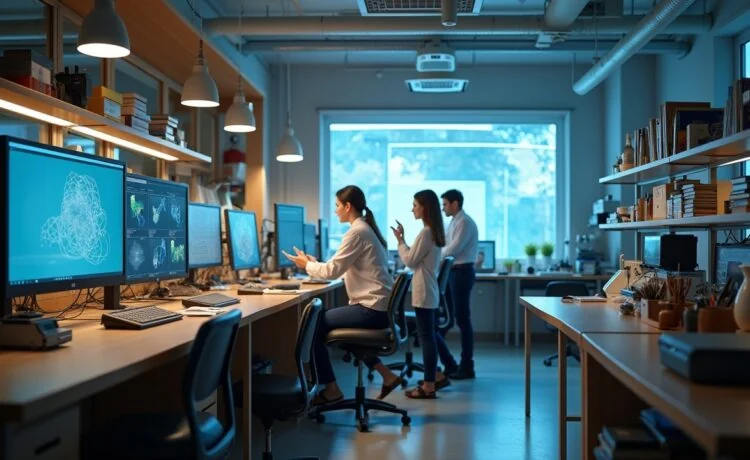 Ein sonnendurchflutetes modernes Labor mit Forscherinnen und Forschern, die konzentriert an hochauflösenden Bildschirmen komplexe Lichtsimulationen in Quantenphotonik analysieren, umgeben von fein strukturierten Glasfasern, Messgeräten und natürlichen Holzelementen, die eine warme, einladende Atmosphäre schaffen.