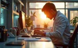 Ein lichtdurchflutetes, modernes Labor mit einem konzentrierten Ingenieur, der an einem hochpräzisen photonischen Chip arbeitet, während warme Sonnenstrahlen durch große Fenster fallen und die innovative Atmosphäre Europas technischer Zukunft einfangen.