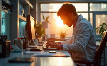 Ein lichtdurchflutetes, modernes Labor mit einem konzentrierten Ingenieur, der an einem hochpräzisen photonischen Chip arbeitet, während warme Sonnenstrahlen durch große Fenster fallen und die innovative Atmosphäre Europas technischer Zukunft einfangen.