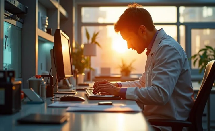 Ein lichtdurchflutetes, modernes Labor mit einem konzentrierten Ingenieur, der an einem hochpräzisen photonischen Chip arbeitet, während warme Sonnenstrahlen durch große Fenster fallen und die innovative Atmosphäre Europas technischer Zukunft einfangen.