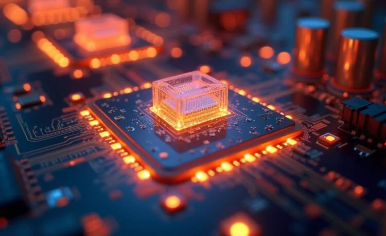 Ein warm beleuchtetes, close-up Foto eines modernen Quantencomputers mit filigranen, gläsern-transparenten photonischen Schaltkreisen und sanft reflektierendem Licht, das technisch komplexe Details in klarer Schärfe zeigt und dabei eine freundliche, hoffnungsvolle Atmosphäre für die Zukunft der Quantenrechner vermittelt.