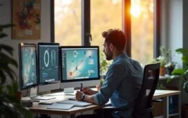 Ein hell erleuchtetes Büro mit einem konzentrierten UX-Designer am modernen Schreibtisch vor mehreren Bildschirmen, die dezent Grafiken und Diagramme zeigen, während sanft warmes Tageslicht durch ein großes Fenster fällt und eine Atmosphäre von Vertrauen, Transparenz und digitaler Verantwortung schafft.