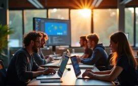 Ein hell erleuchteter, moderner Arbeitsplatz mit einem lächelnden Entwicklerteam, das konzentriert an Laptops und großen Bildschirmen mit Kubernetes-Dashboards und Code arbeitet, umgeben von natürlichem Tageslicht und warmen Holztönen, das eine Atmosphäre von Zuverlässigkeit, Teamwork und technischer Innovation ausstrahlt.