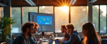 Ein hell erleuchteter, moderner Arbeitsplatz mit einem lächelnden Entwicklerteam, das konzentriert an Laptops und großen Bildschirmen mit Kubernetes-Dashboards und Code arbeitet, umgeben von natürlichem Tageslicht und warmen Holztönen, das eine Atmosphäre von Zuverlässigkeit, Teamwork und technischer Innovation ausstrahlt.