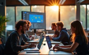 Ein hell erleuchteter, moderner Arbeitsplatz mit einem lächelnden Entwicklerteam, das konzentriert an Laptops und großen Bildschirmen mit Kubernetes-Dashboards und Code arbeitet, umgeben von natürlichem Tageslicht und warmen Holztönen, das eine Atmosphäre von Zuverlässigkeit, Teamwork und technischer Innovation ausstrahlt.