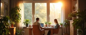 In einem hell erleuchteten, modernen Arbeitszimmer sitzen Forschende in entspannter Atmosphäre um einen Laptop, während sanftes Tageslicht durch große Fenster fällt und die kreative Spannung zwischen Technik und Poesie spürbar wird.