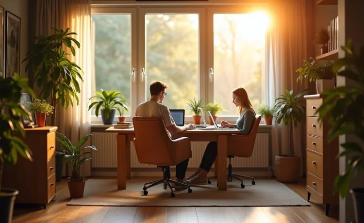 In einem hell erleuchteten, modernen Arbeitszimmer sitzen Forschende in entspannter Atmosphäre um einen Laptop, während sanftes Tageslicht durch große Fenster fällt und die kreative Spannung zwischen Technik und Poesie spürbar wird.
