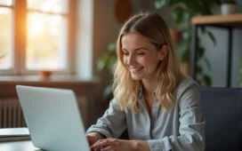 In einem hell erleuchteten, modernen Büro mit warmem Tageslicht sitzt eine aufmerksame junge Frau vor ihrem Laptop, prüft konzentriert eine E-Mail und zeigt so mit einem freundlichen Lächeln, wie Wachsamkeit und digitale Sicherheit im Alltag vor Phishing schützen können.
