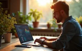 Ein strahlend helles Bild in natürlichem Licht, das einen konzentrierten Webentwickler an einem modernen Schreibtisch mit Laptop und Zahlenvisualisierungen auf dem Bildschirm zeigt, umgeben von warmen Holztönen und Pflanzen, das die Bedeutung präziser Dezimalarithmetik und sorgfältiger Programmierarbeit in einer freundlichen, einladenden Atmosphäre verkörpert.