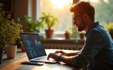 Ein strahlend helles Bild in natürlichem Licht, das einen konzentrierten Webentwickler an einem modernen Schreibtisch mit Laptop und Zahlenvisualisierungen auf dem Bildschirm zeigt, umgeben von warmen Holztönen und Pflanzen, das die Bedeutung präziser Dezimalarithmetik und sorgfältiger Programmierarbeit in einer freundlichen, einladenden Atmosphäre verkörpert.