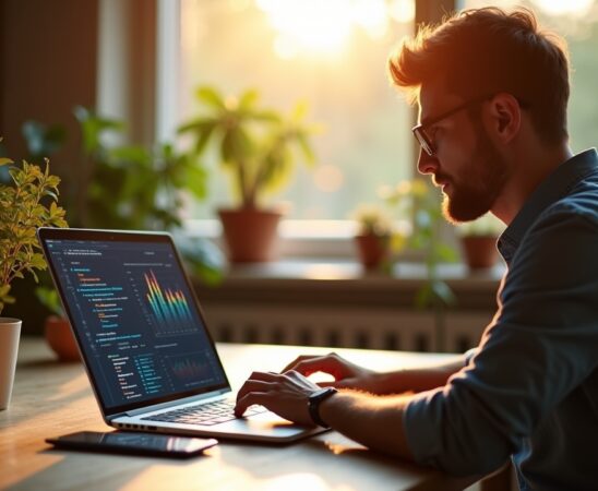 Ein strahlend helles Bild in natürlichem Licht, das einen konzentrierten Webentwickler an einem modernen Schreibtisch mit Laptop und Zahlenvisualisierungen auf dem Bildschirm zeigt, umgeben von warmen Holztönen und Pflanzen, das die Bedeutung präziser Dezimalarithmetik und sorgfältiger Programmierarbeit in einer freundlichen, einladenden Atmosphäre verkörpert.