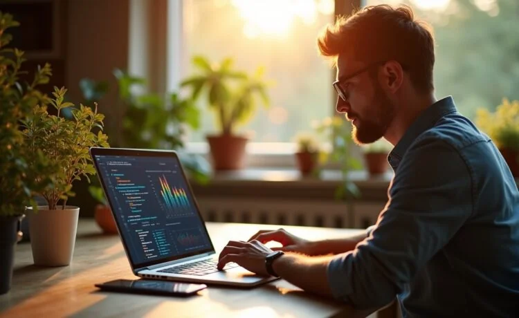 Ein strahlend helles Bild in natürlichem Licht, das einen konzentrierten Webentwickler an einem modernen Schreibtisch mit Laptop und Zahlenvisualisierungen auf dem Bildschirm zeigt, umgeben von warmen Holztönen und Pflanzen, das die Bedeutung präziser Dezimalarithmetik und sorgfältiger Programmierarbeit in einer freundlichen, einladenden Atmosphäre verkörpert.