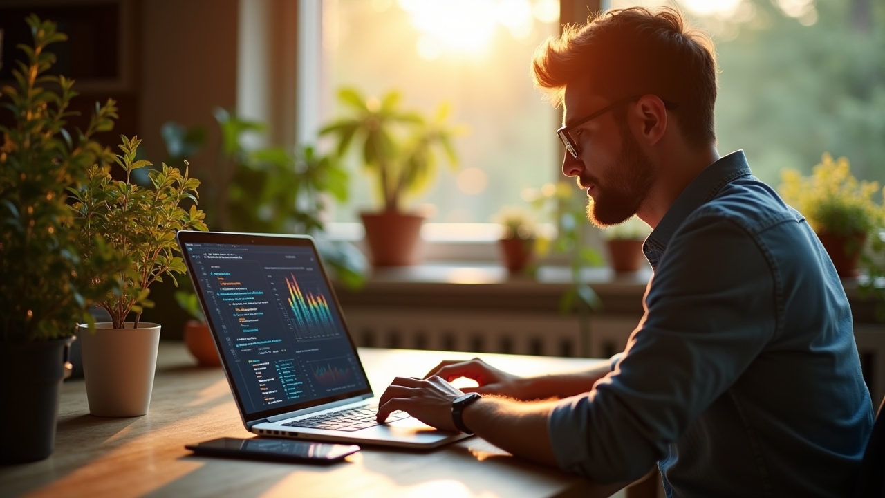 Ein strahlend helles Bild in natürlichem Licht, das einen konzentrierten Webentwickler an einem modernen Schreibtisch mit Laptop und Zahlenvisualisierungen auf dem Bildschirm zeigt, umgeben von warmen Holztönen und Pflanzen, das die Bedeutung präziser Dezimalarithmetik und sorgfältiger Programmierarbeit in einer freundlichen, einladenden Atmosphäre verkörpert.