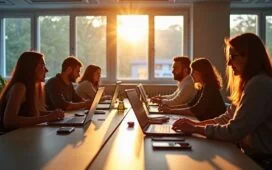 Ein hell erleuchtetes, warmes Büro mit konzentrierten Entwickler:innen, die an modernen Laptops lebhaft diskutieren und gemeinsam an sauber strukturiertem Code arbeiten, während natürliches Tageslicht durch große Fenster fällt und eine freundliche, motivierende Atmosphäre schafft.