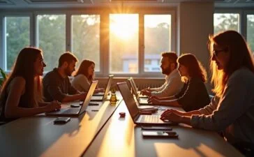 Ein hell erleuchtetes, warmes Büro mit konzentrierten Entwickler:innen, die an modernen Laptops lebhaft diskutieren und gemeinsam an sauber strukturiertem Code arbeiten, während natürliches Tageslicht durch große Fenster fällt und eine freundliche, motivierende Atmosphäre schafft.