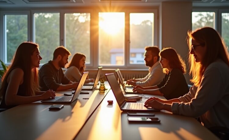 Ein hell erleuchtetes, warmes Büro mit konzentrierten Entwickler:innen, die an modernen Laptops lebhaft diskutieren und gemeinsam an sauber strukturiertem Code arbeiten, während natürliches Tageslicht durch große Fenster fällt und eine freundliche, motivierende Atmosphäre schafft.
