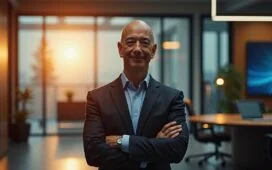Ein strahlend helles, editorial-stilvolles Porträt von Jeff Bezos in modernem, minimalistischem Büro, umgeben von futuristischer Technologie und warmem Tageslicht, das seine visionäre Ausstrahlung und das ambitionierte „Project Prometheus“ atmosphärisch unterstreicht.