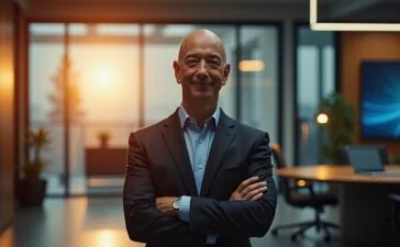 Ein strahlend helles, editorial-stilvolles Porträt von Jeff Bezos in modernem, minimalistischem Büro, umgeben von futuristischer Technologie und warmem Tageslicht, das seine visionäre Ausstrahlung und das ambitionierte „Project Prometheus“ atmosphärisch unterstreicht.