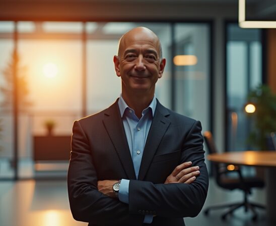 Ein strahlend helles, editorial-stilvolles Porträt von Jeff Bezos in modernem, minimalistischem Büro, umgeben von futuristischer Technologie und warmem Tageslicht, das seine visionäre Ausstrahlung und das ambitionierte „Project Prometheus“ atmosphärisch unterstreicht.