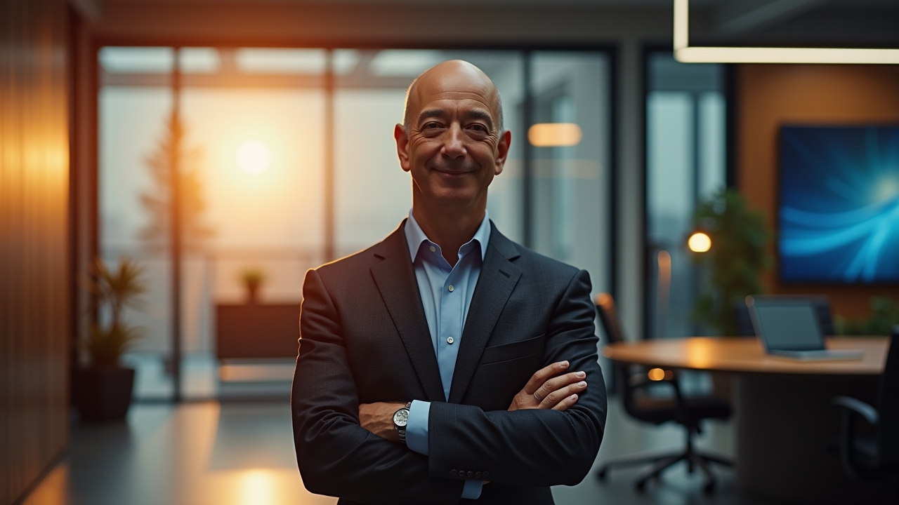 Ein strahlend helles, editorial-stilvolles Porträt von Jeff Bezos in modernem, minimalistischem Büro, umgeben von futuristischer Technologie und warmem Tageslicht, das seine visionäre Ausstrahlung und das ambitionierte „Project Prometheus“ atmosphärisch unterstreicht.