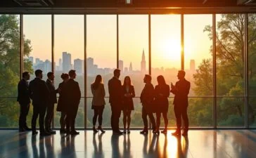 Eine sonnendurchflutete, moderne Bürolandschaft mit internationalen Fachleuten im angeregten Austausch vor großen Panoramafenstern, die eine lebendige Stadtsilhouette Madrids und ein grünes, nordisches Waldpanorama Finnlands im warmen Tageslicht verbinden, strahlt Optimismus und zukunftsweisende Innovation im Bereich moderner IT-Infrastruktur und nachhaltiger Digitalisierung aus.