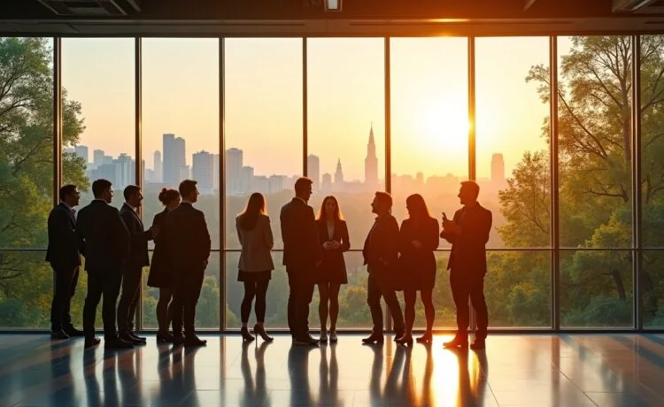 Eine sonnendurchflutete, moderne Bürolandschaft mit internationalen Fachleuten im angeregten Austausch vor großen Panoramafenstern, die eine lebendige Stadtsilhouette Madrids und ein grünes, nordisches Waldpanorama Finnlands im warmen Tageslicht verbinden, strahlt Optimismus und zukunftsweisende Innovation im Bereich moderner IT-Infrastruktur und nachhaltiger Digitalisierung aus.