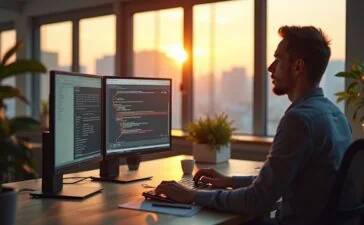 Ein modernes, helles Büro mit sanft einfallendem Tageslicht, in dem ein IT-Administrator entspannt und fokussiert vor mehreren Bildschirmen sitzt, während auf dem Schreibtisch ein stilvolles Qnap NAS-Gerät in warmer Atmosphäre präsent ist und eine ruhige Zuversicht in die Sicherheitstechnologie vermittelt.