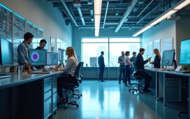 Ein hell erleuchteter, moderner Forschungsraum mit einem fokussierten Team aus Wissenschaftlern und Ingenieuren, die in freundlicher, einladender Atmosphäre an hybriden Quantencomputing-Systemen und hochkomplexer Technologie arbeiten, umgeben von natürlichem Tageslicht und realistischen technischen Details, die den zukunftsweisenden Fortschritt der Quantum Scaling Alliance visualisieren.