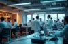 Ein warm ausgeleuchtetes, modernes Labor mit fokussierten Wissenschaftlern verschiedener Herkunft, die an einem futuristisch wirkenden Quantenprozessor arbeiten, umgeben von Hightech-Geräten und natürlichen Lichtstrahlen durch große Fenster, welche eine optimistische Atmosphäre voller Innovation und Zukunftsglaube schaffen.