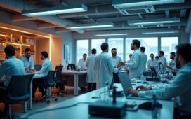 Ein warm ausgeleuchtetes, modernes Labor mit fokussierten Wissenschaftlern verschiedener Herkunft, die an einem futuristisch wirkenden Quantenprozessor arbeiten, umgeben von Hightech-Geräten und natürlichen Lichtstrahlen durch große Fenster, welche eine optimistische Atmosphäre voller Innovation und Zukunftsglaube schaffen.