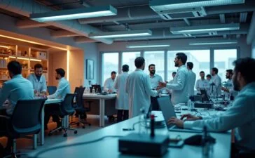 Ein warm ausgeleuchtetes, modernes Labor mit fokussierten Wissenschaftlern verschiedener Herkunft, die an einem futuristisch wirkenden Quantenprozessor arbeiten, umgeben von Hightech-Geräten und natürlichen Lichtstrahlen durch große Fenster, welche eine optimistische Atmosphäre voller Innovation und Zukunftsglaube schaffen.