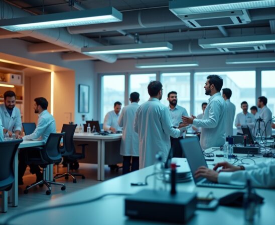 Ein warm ausgeleuchtetes, modernes Labor mit fokussierten Wissenschaftlern verschiedener Herkunft, die an einem futuristisch wirkenden Quantenprozessor arbeiten, umgeben von Hightech-Geräten und natürlichen Lichtstrahlen durch große Fenster, welche eine optimistische Atmosphäre voller Innovation und Zukunftsglaube schaffen.