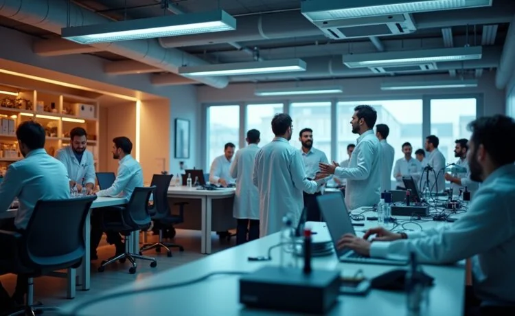 Ein warm ausgeleuchtetes, modernes Labor mit fokussierten Wissenschaftlern verschiedener Herkunft, die an einem futuristisch wirkenden Quantenprozessor arbeiten, umgeben von Hightech-Geräten und natürlichen Lichtstrahlen durch große Fenster, welche eine optimistische Atmosphäre voller Innovation und Zukunftsglaube schaffen.