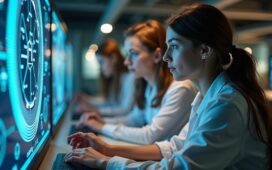 Ein hell erleuchtetes, modernes Labor mit jungen Forschenden in freundlicher Atmosphäre, die konzentriert an einem futuristisch wirkenden Quantencomputer arbeiten, umgeben von natürlichem Tageslicht und warmen Holztönen, die technologische Innovation und vielversprechende Zukunft voller Hoffnung und Dynamik ausstrahlen.