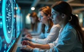 Ein hell erleuchtetes, modernes Labor mit jungen Forschenden in freundlicher Atmosphäre, die konzentriert an einem futuristisch wirkenden Quantencomputer arbeiten, umgeben von natürlichem Tageslicht und warmen Holztönen, die technologische Innovation und vielversprechende Zukunft voller Hoffnung und Dynamik ausstrahlen.