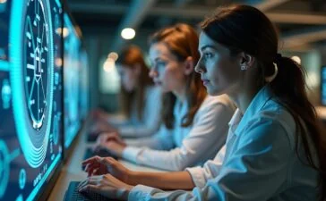 Ein hell erleuchtetes, modernes Labor mit jungen Forschenden in freundlicher Atmosphäre, die konzentriert an einem futuristisch wirkenden Quantencomputer arbeiten, umgeben von natürlichem Tageslicht und warmen Holztönen, die technologische Innovation und vielversprechende Zukunft voller Hoffnung und Dynamik ausstrahlen.