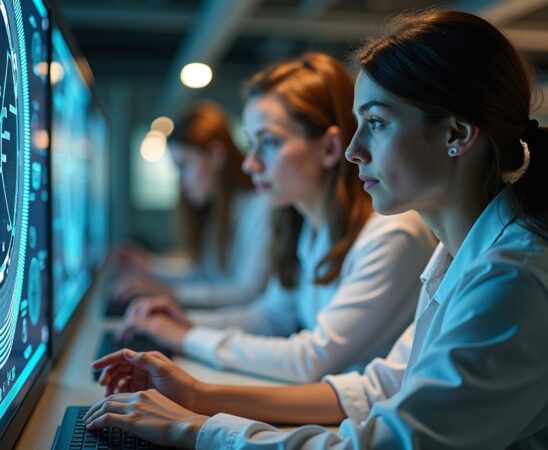 Ein hell erleuchtetes, modernes Labor mit jungen Forschenden in freundlicher Atmosphäre, die konzentriert an einem futuristisch wirkenden Quantencomputer arbeiten, umgeben von natürlichem Tageslicht und warmen Holztönen, die technologische Innovation und vielversprechende Zukunft voller Hoffnung und Dynamik ausstrahlen.