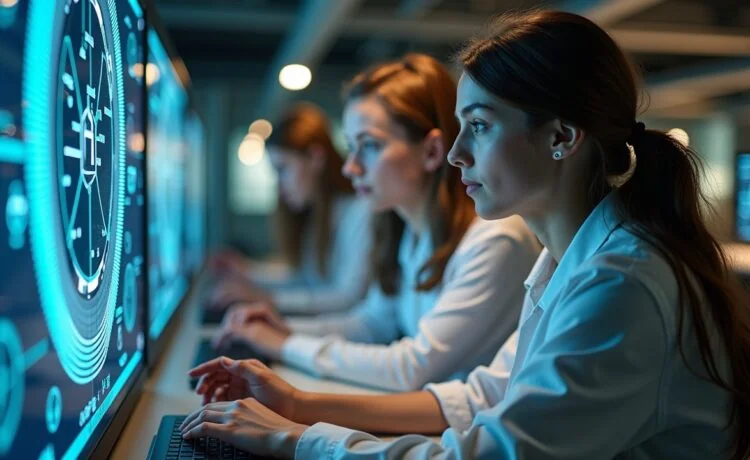 Ein hell erleuchtetes, modernes Labor mit jungen Forschenden in freundlicher Atmosphäre, die konzentriert an einem futuristisch wirkenden Quantencomputer arbeiten, umgeben von natürlichem Tageslicht und warmen Holztönen, die technologische Innovation und vielversprechende Zukunft voller Hoffnung und Dynamik ausstrahlen.