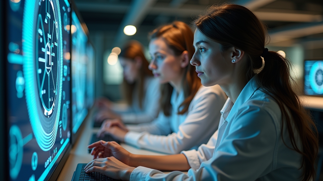 Ein hell erleuchtetes, modernes Labor mit jungen Forschenden in freundlicher Atmosphäre, die konzentriert an einem futuristisch wirkenden Quantencomputer arbeiten, umgeben von natürlichem Tageslicht und warmen Holztönen, die technologische Innovation und vielversprechende Zukunft voller Hoffnung und Dynamik ausstrahlen.