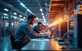 Ein stimmungsvoll ausgeleuchteter, moderner Rechenzentrumsraum, in dem technikaffine Ingenieure konzentriert an hochentwickelten photonischen Quantencomputermodulen arbeiten, umgeben von sanftem Tageslicht und warmem Holz- und Metalleinsatz, der eine auf Zukunft und Innovation hoffnungsvolle Atmosphäre schafft.